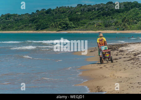 BAHIA, BRÉSIL - 27 juin 2019 : point de vue nostalgique d'un vendeur itinérant de l'acai marcher avec son chariot de glaces près de l'océan vert, avec seawe Banque D'Images