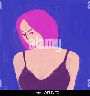 Pink hair girl. hand drawn illutration numérique. Banque D'Images