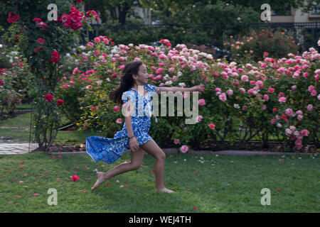 Preteen girl d'apparence asiatique faisant la gymnastique au rose garden, San Jose, Californie Banque D'Images