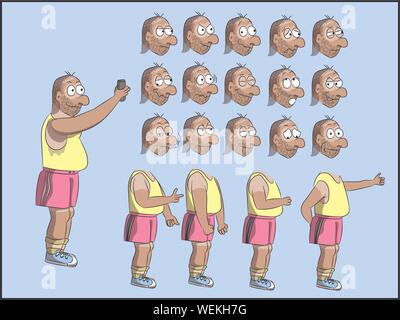 Fat Man caractère en short rose et l'illustration du haut du réservoir d'huile. Homme barbu avec des sans-abri en gras les expressions du visage et du corps pose vecteur. Bundle Pack Illustration de Vecteur