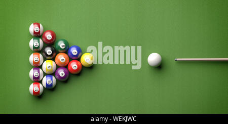 Bille de billard, table de billard. Boules de billard dans une forme de triangle et coller sur feutre vert, vue du dessus. 3d illustration Banque D'Images