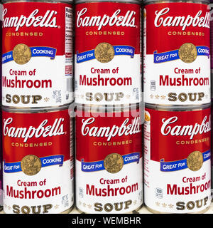 29 août 2019 Sunnyvale / CA / USA -Close up de boîtes de conserve de soupe aux champignons Campbell en vente dans un supermarché ; Campbell's Soup Company a été fondée Banque D'Images