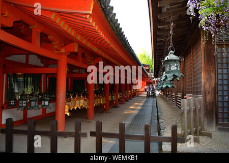 Sanctuaire Shinto japonais lanternes dans la salle du Temple Banque D'Images