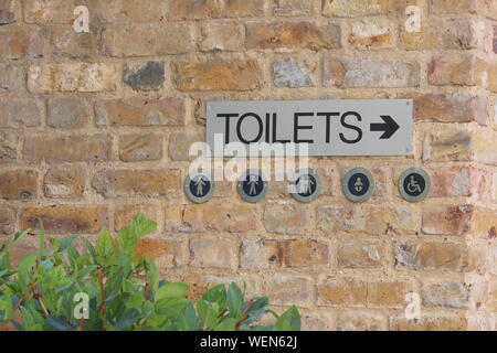 Une photographie d'un metal toilettes signe, hommes, femmes, personnes handicapées, égalité des sexes, l'évolution de bébé. Metal signe sur un mur de pierre. Banque D'Images