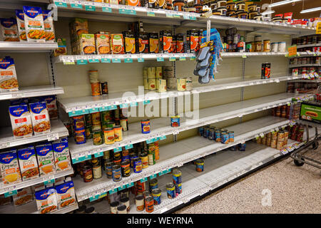 Orlando, FL/USA-8/30/19 : vide les tablettes des magasins d'aliments en conserve et de la soupe avant un ouragan ou une tempête de neige. Banque D'Images