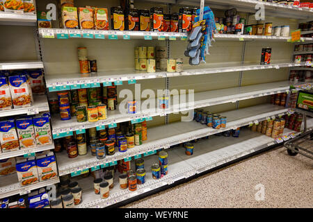 Orlando, FL/USA-8/30/19 : vide les tablettes des magasins d'aliments en conserve et de la soupe avant un ouragan ou une tempête de neige. Banque D'Images