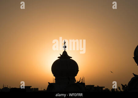 Silhouette d'un gurdwara dans un fond jaune avec des pigeons. Banque D'Images