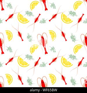 Motif de la mer transparente avec des crevettes, citron et aneth. Arrière-plan de l'alimentation de la crevette. Parfait pour les fruits de mer restaurant menu ou décor de cuisine. Illustration de Vecteur