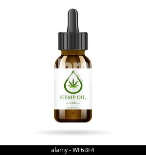 Flacon en verre brun réaliste avec l'huile de chanvre. Maquette d'extraits d'huile de cannabis dans des bocaux. La marijuana médicale logo sur l'étiquette. Vector illustration. Illustration de Vecteur