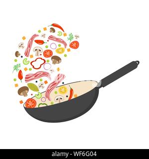 Pan Wok, tomate, paprika, poivre, champignons et bacon. La cuisine asiatique. Voler des légumes avec du bacon de porc. Télévision vector illustration. Illustration de Vecteur