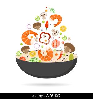 Pan Wok, tomate, paprika, poivre, champignons, crevettes. La cuisine asiatique. Voler des légumes avec des fruits de mer. Télévision vector illustration. Illustration de Vecteur