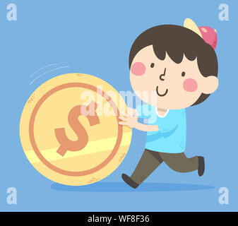 Illustration d'un enfant garçon pousser un Big Gold Coin avec Dollar Sign Banque D'Images