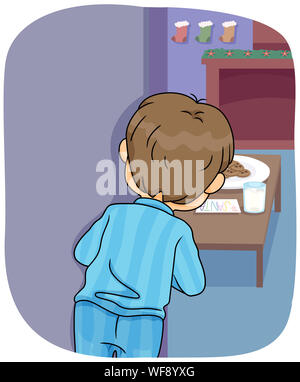 Illustration d'un Kid Boy Peeking de derrière un mur, en attendant le Père Noël Banque D'Images