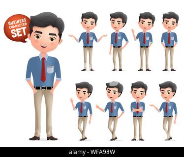 Caractères d'affaires professionnel masculin vector set. Gestionnaire d'affaires et commandes de caractères portant des vêtement de travail dans différentes posent des gestes et isolés. Illustration de Vecteur