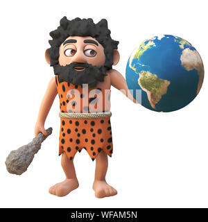 Barbu 3d cartoon caveman charater tenant un club et un globe de la terre, 3d illustration rendre Banque D'Images