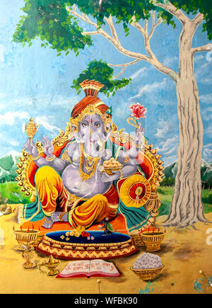 Une murale de dieu éléphant Ganesha sur le plafond de l'intérieur d'Arulmihu Muthumariamman Thevasthanam Sri (temple hindou) à Matale au Sri Lanka. Banque D'Images