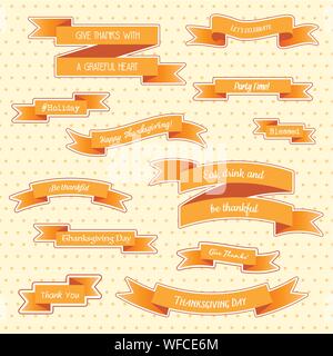 Une variété de rubans de grâces, bannières et des autocollants avec des slogans et citations de vacances, sur un fond bleu à pois pastel. Utiliser pour des invitations, menu Illustration de Vecteur