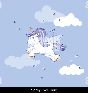 Un mignon winged unicorn, avec bleu et mauve crinière, voler contre un fond bleu pâle. Format vectoriel EPS10 Illustration de Vecteur