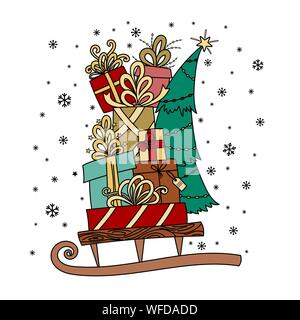 Joyeux Noël carte de vœux. Pile de vacances présente sur le traîneau. Décoration de Noël, caricature des boîtes-cadeaux, flocons et sapin. Illustration à la main. Illustration de Vecteur