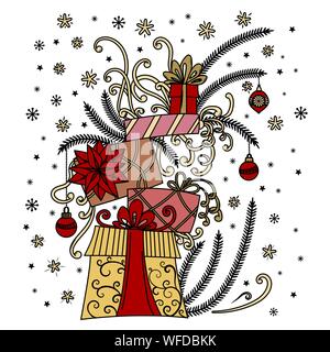 Carte de vœux de Noël. Maison de vacances pile de cadeaux. Décoration de Noël, caricature des boîtes-cadeaux, rubans, boules, étoiles et flocons de neige. Hand drawn vector illustration. Illustration de Vecteur