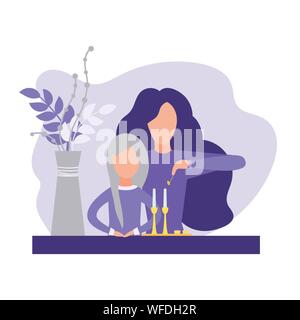 Mère et fille bougies d'éclairage pour le Shabbat. Isolé sur fond blanc. Vector illustration. Une télévision moderne style. Illustration de Vecteur