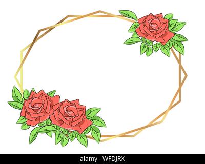 Avec carte d'or moderne polygonale fleurs roses. Floral frame design. Triangles et de formes géométriques. Vector illustration. Isolé sur fond blanc Illustration de Vecteur