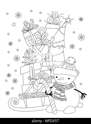 Coloriages de Noël pour les enfants et les adultes. Cute snowman avec écharpe et chapeau tricoté. Pile de vacances présente sur le traîneau. Hand drawn vector illustration. Illustration de Vecteur