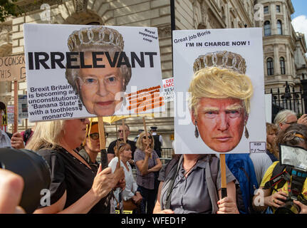 UK. Août 31, 2019. Les manifestants à Whitehall pour protester contre la décision du gouvernement de proroger le Parlement qui donne très peu de temps pour le débat à venir de la date limite du 31 octobre à quitter l'Union européenne. Le mouvement protestant contre le coup d' aux portes de 10 Downing Street. Credit : Tommy Londres/Alamy Live News Banque D'Images