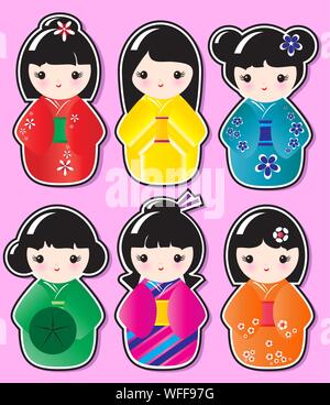 Poupée Kokeshi autocollants dans diverses conceptions sur fond rose. EPS10 en format vectoriel. Illustration de Vecteur