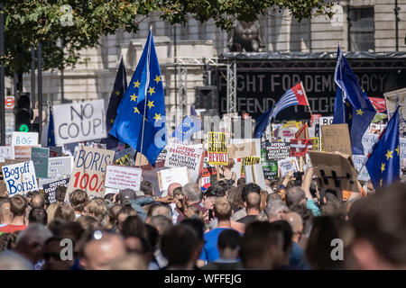 Londres, Royaume-Uni. 31 août, 2019. 000 se réunissent à Whitehall dans une protestation massive contre PM Boris Johnson's propose de suspendre le parlement. Crédit : Guy Josse/Alamy Live News Banque D'Images