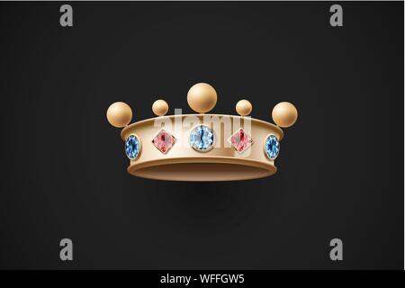 Icône de la couronne royale d'or avec diamant rouge et bleu Illustration de Vecteur