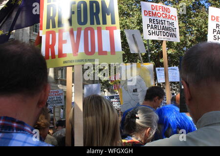 Londres, Royaume-Uni, 31 août, 2019. Les manifestants se rassemblent à l'extérieur de Downing Street pour protester contre la prorogation du Parlement par le premier ministre Boris Johnson, Londres, Royaume-Uni. Credit : Helen Garvey/Alamy Live News Banque D'Images