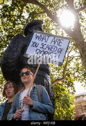 Les protestataires avec placard au 'Stop le coup d'État, défendre la démocratie' protestation devant statue en dehors de Downing Street, Londres, Royaume-Uni, 31 août 2019 Banque D'Images