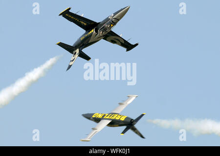 Hradec Kralove, République tchèque. Août 31, 2019. Breitling Jet Team acrobatique de la France au cours de la République tchèque International Air Fest à Hradec Kralove en République tchèque.Le Breitling Jet Team est la plus grande équipe de voltige aérienne civile afficher en Europe. Basé à Dijon, en France, il vole 8 République tchèque Aero L-39 Albatros jet. Credit : Slavek Ruta/ZUMA/Alamy Fil Live News Banque D'Images