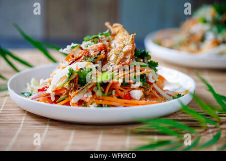 Salade thaïlandaise de légumes frais, de poulet poché et croustillant de la peau de poulet Banque D'Images