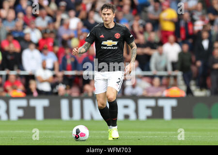 SOUTHAMPTON, Angleterre AUG 31ST Manchester United defender Victor Lindelof en action pendant la Premier League match entre Southampton et Manchester United à St Mary's Stadium, Southampton le samedi 31 août 2019. (Crédit : Jon Bromley | MI News) usage éditorial uniquement, licence requise pour un usage commercial. Aucune utilisation de pari, de jeux ou d'un seul club/ligue/dvd publications. Photographie peut uniquement être utilisé pour les journaux et/ou magazines des fins éditoriales Crédit : MI News & Sport /Alamy Live News Banque D'Images