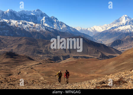 Annapurna, Népal - le 18 novembre 2015 : Les touristes allant jusqu'à la montagne. Mustang faible, de l'Annapurna, Trek Himalaya, Népal.
