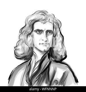 Caricature de Isaac Newton physicien théorique scientifique Illustration Dessin Portrait Banque D'Images