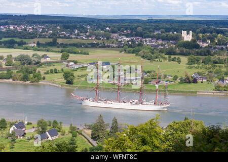 France, Seine Maritime, Hauville, Armada 2019, augmentation de la vue sur le Sedov, quatre mâts goélette, la voile sur la Seine, en face de l'abbaye de Jumièges Banque D'Images