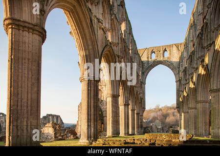 Royaume-uni, Angleterre, dans le Yorkshire, l'abbaye de Rievaulx, vue de l'intérieur au coucher du soleil Banque D'Images