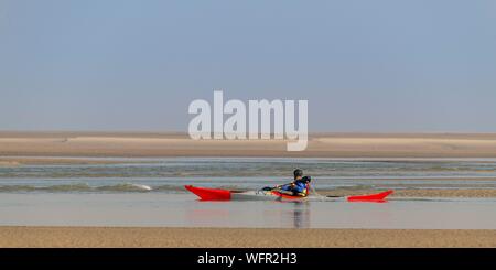 France, Picardie, Baie de Somme, Le Crotoy, indonésien et canots canoë kayak durant la marée haute, les bateaux sont à attendre que le flux et le mascaret à l'entrée de la baie et puis allez jusqu'a aidé par le fort courant, parfois accompagnés par les joints, certains ne leur bateau sur les bancs d'observer les oiseaux délogée par la marée Banque D'Images