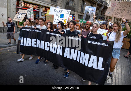 Maintenez les militants des pancartes et une banderole avec une devise libération animale pendant la manifestation.convoquées par l'organisation Save Animal Barcelone des centaines de personnes ont manifesté pour la défense des droits de l'animal et l'alimentation. Banque D'Images