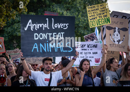 Les manifestants tiennent des pancartes pour la défense de l'animal de l'homme pendant la manifestation.convoquées par l'organisation Save Animal Barcelone des centaines de personnes ont manifesté pour la défense des droits de l'animal et l'alimentation. Banque D'Images