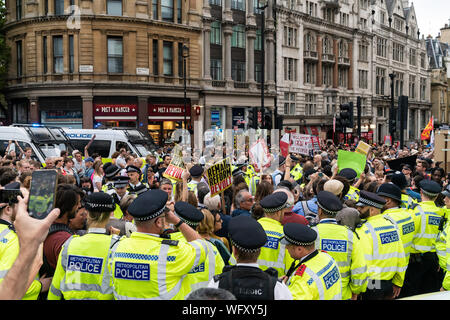 31 août 2019 - London, UK. Un grand nombre d'agents de police pour faire arrêter Anti-Brexit manifestants devant Trafalgar Square. Banque D'Images