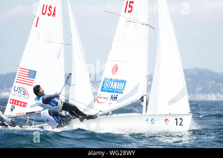 Kanagawa, Japon. Août 31, 2019. Daichi Takayama & Kimihiko Imamura (JPN) Coupe du Monde de Voile : Enoshima Série Men's 470 au port de plaisance d'Enoshima à Kanagawa, Japon . Credit : Naoki Morita/AFLO SPORT/Alamy Live News Banque D'Images