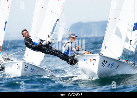 Kanagawa, Japon. Août 31, 2019. € Harry Doi & Naoya Kimura (JPN) Coupe du Monde de Voile : Enoshima Série Men's 470 au port de plaisance d'Enoshima à Kanagawa, Japon . Credit : Naoki Morita/AFLO SPORT/Alamy Live News Banque D'Images