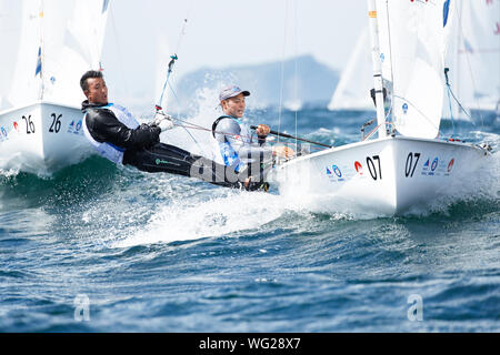 Kanagawa, Japon. Août 31, 2019. € Harry Doi & Naoya Kimura (JPN) Coupe du Monde de Voile : Enoshima Série Men's 470 au port de plaisance d'Enoshima à Kanagawa, Japon . Credit : Naoki Morita/AFLO SPORT/Alamy Live News Banque D'Images
