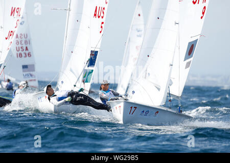 Kanagawa, Japon. Août 31, 2019. Misaki Tanaka & Tsugumi Noda (JPN) Voile : Série de la Coupe du monde Femmes 470 Enoshima au port de plaisance d'Enoshima à Kanagawa, Japon . Credit : Naoki Morita/AFLO SPORT/Alamy Live News Banque D'Images