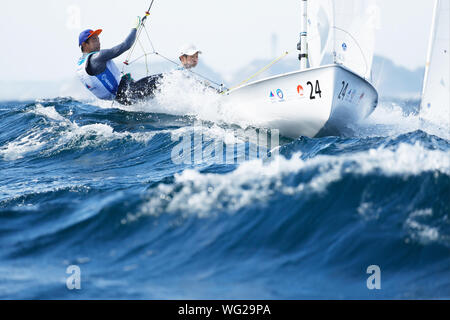 Kanagawa, Japon. Août 31, 2019. € Kosuke Demichi & Taïga Nakagawa (JPN) Coupe du Monde de Voile : Enoshima Série Men's 470 au port de plaisance d'Enoshima à Kanagawa, Japon . Credit : Naoki Morita/AFLO SPORT/Alamy Live News Banque D'Images