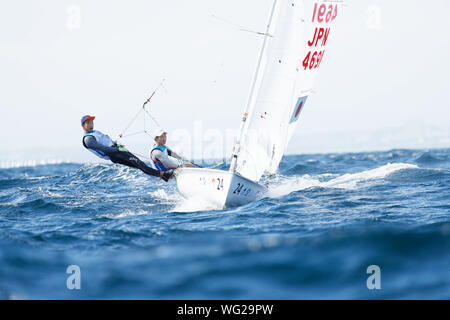 Kanagawa, Japon. Août 31, 2019. € Kosuke Demichi & Taïga Nakagawa (JPN) Coupe du Monde de Voile : Enoshima Série Men's 470 au port de plaisance d'Enoshima à Kanagawa, Japon . Credit : Naoki Morita/AFLO SPORT/Alamy Live News Banque D'Images